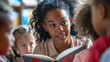 © naphat - A semi-close-up of a teacher reading a story to children in a classroom, capturing the book and the children's attentive expressions, ample copy space for text, sharp focus, and clear light, high