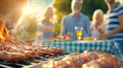 Wall Mural - A group of people are gathered around a grill, cooking food, holiday with family and friends concept