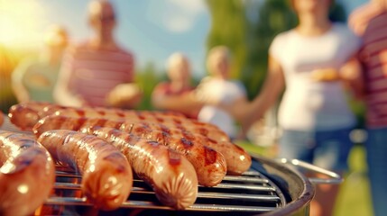 Wall Mural - A group of people are gathered around a grill with hot dogs on it, holiday with family and friends concept