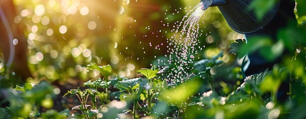 A close-up of a gardener watering plants in a vibrant garden, focusing on the watering can and the droplets on the leaves, ample copy space for text, sharp focus, and clear light, high clarity, no