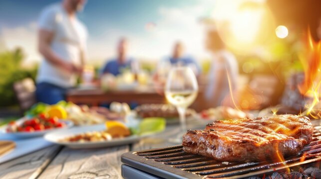 A group of people are gathered around a grill, enjoying a barbecue, holiday with family and friends concept