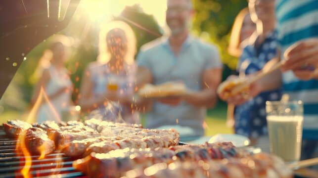 A group of people are gathered around a grill, cooking food, holiday with family and friends concept