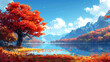 © dropideas - illustration art field and tree in the autumn style cartoon