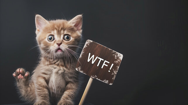 WTF!  written on a sign beside a surprised kitten