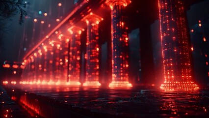 Poster - This Neon-lit bank with columns on a dark background. Financial strength and stability concept