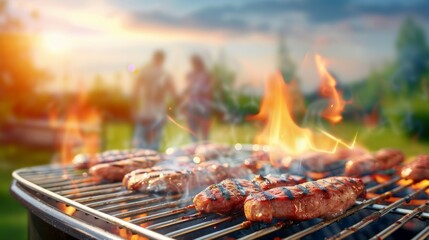 Wall Mural - A man and woman are grilling meat on a barbecue, holiday with family and friends concept