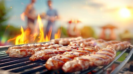 Wall Mural - A group of hot dogs are being cooked on a grill, holiday with family and friends concept