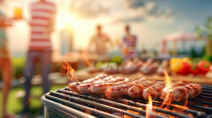 Wall Mural - A group of people are gathered around a grill, cooking hot dogs and vegetables, holiday with family and friends concept