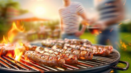 Wall Mural - A man and woman are standing next to a grill with hot dogs on it, holiday with family and friends concept