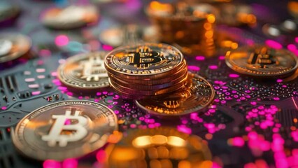 Fototapete - This close-up of golden bitcoin coins on a circuit board. Funding concept