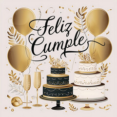 Wall Mural - Feliz cumple and Feliz cumpleaños sign means Happy Birthday in Spanish language, Birthday party celebration gift  with birthday cake candle colorful golden balloons congratulation onr light background