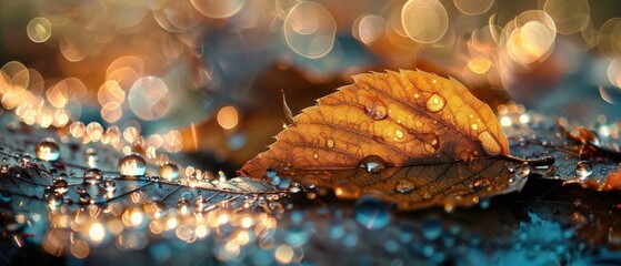 Wall Mural - Autumn Leaf with Dew Drops and Bokeh Background