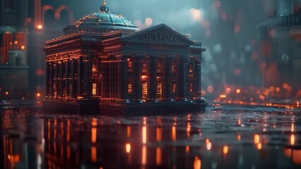 Poster - This futuristic, neoclassical building illuminated with glowing lines.