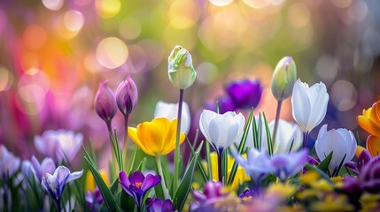 Wall Mural - Colorful Spring Flowers with Bokeh Background - Generative AI