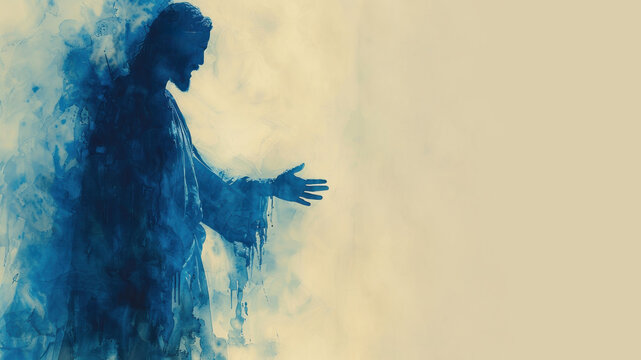 Blue watercolor painting of Jesus Christ reach out hand welcoming his people
