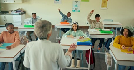 Poster - Children, questions and students in classroom with teacher for ideas in growth, development or education. Study, learning and kids with hands up for knowledge, exam and attention at desk in school