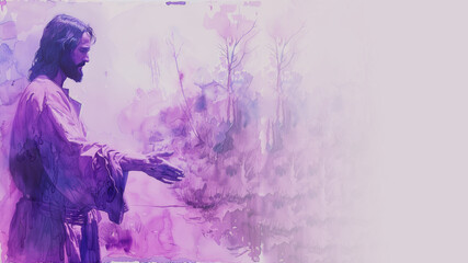 Wall Mural - Purple watercolor painting of Jesus Christ reach out hand welcoming his people