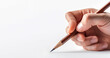 © Surachetsh - Man's hand captured in a close-up, holding a pencil against a white background. The image highlights the fine details and textures of the hand, showcasing a natural, everyday gesture.