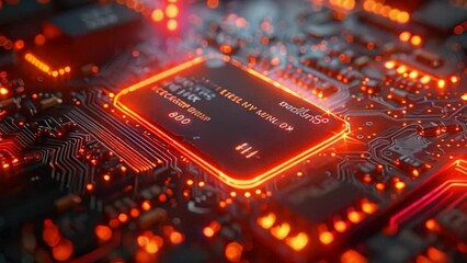 Fototapete - This orange-lit computer chip on a circuit board. Funding concept