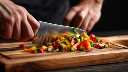 Close Up Detail of Hand chopping vegetable for preparing stir fry cook