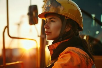 Wall Mural - female construction worker in protective gear confidently operating heavy machinery on modern building site at sunset