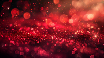 red christmas background, Red glitter particles on a dark background. An abstract red bokeh effect with shiny and glowing lights.