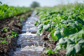 Wall Mural - Irrigating European organic potato plantation with water canal for agriculture and agribusiness Agronomy moistening supplying harvest with wa