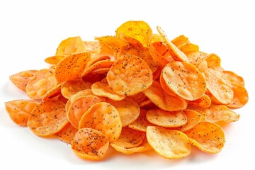 Canvas Print - Isolated lentil chips on white background healthy fried organic masoor bean snacks with an orange crunch