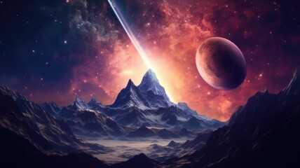 Sticker - the fantasy picture of high mountain landscape with giant stars and space nebula lighting in the nig