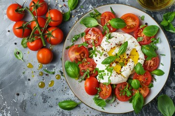 Wall Mural - Italian style salad with burrata tomatoes basil and olive oil on plate Top view