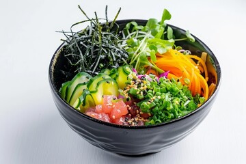 Wall Mural - Japanese seaweed salad in black bowl on white background