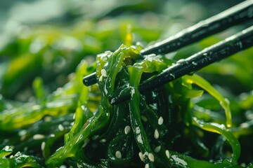 Wall Mural - Japanese seaweed salad with chopsticks vegetarian and healthy