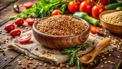 Wall Mural - Golden brown flax seeds in a rustic wooden bowl, surrounded by scattered healthy ingredients on a distressed wooden table surface.