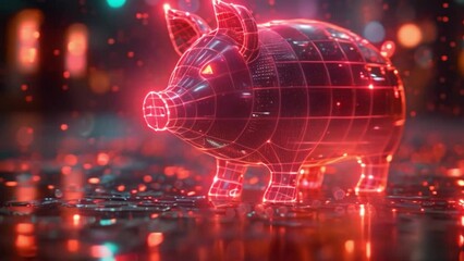 Poster - This glowing, red, digital piggy bank stands on a futuristic cityscape background with bright, blurred lights.