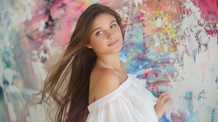 Wall Mural - A woman with long brown hair stands in front of a colorful painting. Generate AI image