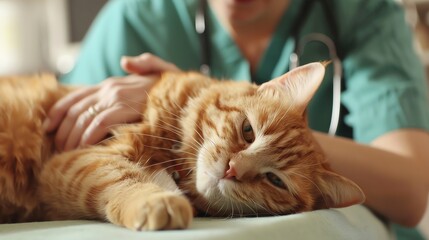 Wall Mural - A veterinarian is petting a ginger cat.