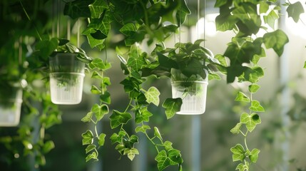 Canvas Print - Ivy plant growing in plastic hanging pots