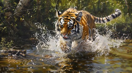 Amur tiger playing in the water, Siberia. Dangerous animal, tajga, Russia. Animal in green forest stream. Siberian tiger splashing water. 