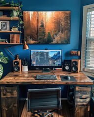 A stylish home office setup with a wooden desk, computer, speakers, and vibrant wall art in a room with blue walls and natural light.