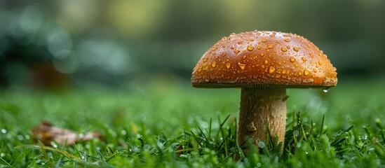 Mushroom with Dew Drops in a Green Meadow