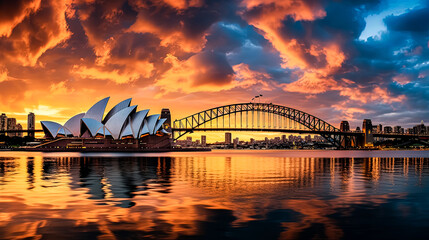 The Sydney Opera House is lit up in the evening sun.