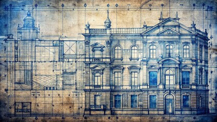 Intricate blueprint plans with blueprints overlay on worn paper with ornate border and subtle texture evoking urban architecture ephemera.