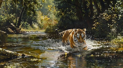 Wall Mural - Amur tiger playing in the water, Siberia. Dangerous animal, tajga, Russia. Animal in green forest stream. Siberian tiger splashing water. 