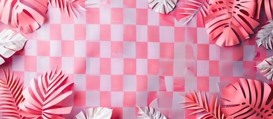 Wall Mural - Texture of water on a pink checkered background in the midday sun with hand-cut paper tropical leaves. Ample space for text.