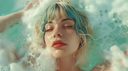 Wall Mural - A woman is floating in a bathtub filled with bubbles. Generate AI image