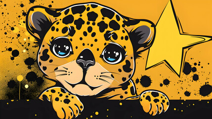 Canvas Print - Cute Cartoon Leopard Illustration with Yellow Background