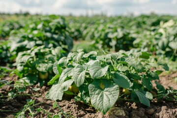 Poster - Potatoes growing in field with green leaves Beetles love tuber destroy crop Harvest is ecologically clean