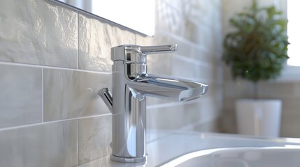 Poster - Modern home interior with chrome stainless steel faucet attached to tiled shower wall featuring mixer for hot and cold water