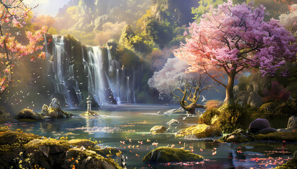 Creation. Genesis. Picturesque scene of tranquil garden with trees in bloom, waterfalls and a river, evoking the essence of Eden.