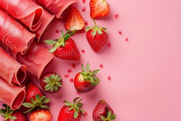 Sticker - Tasty fruit leather with strawberries on pink background flat lay Room for text